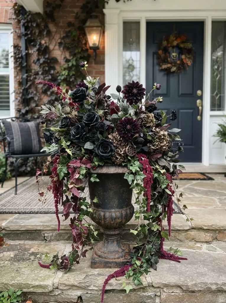 ![A large front porch planter overflowing with highly realistic faux black roses, dark purple dahlias, and burgundy trailing vines, sophisticated gothic garden aesthetic, bright daylight, vertical Pinterest photography, dark floral landscaping styling.]