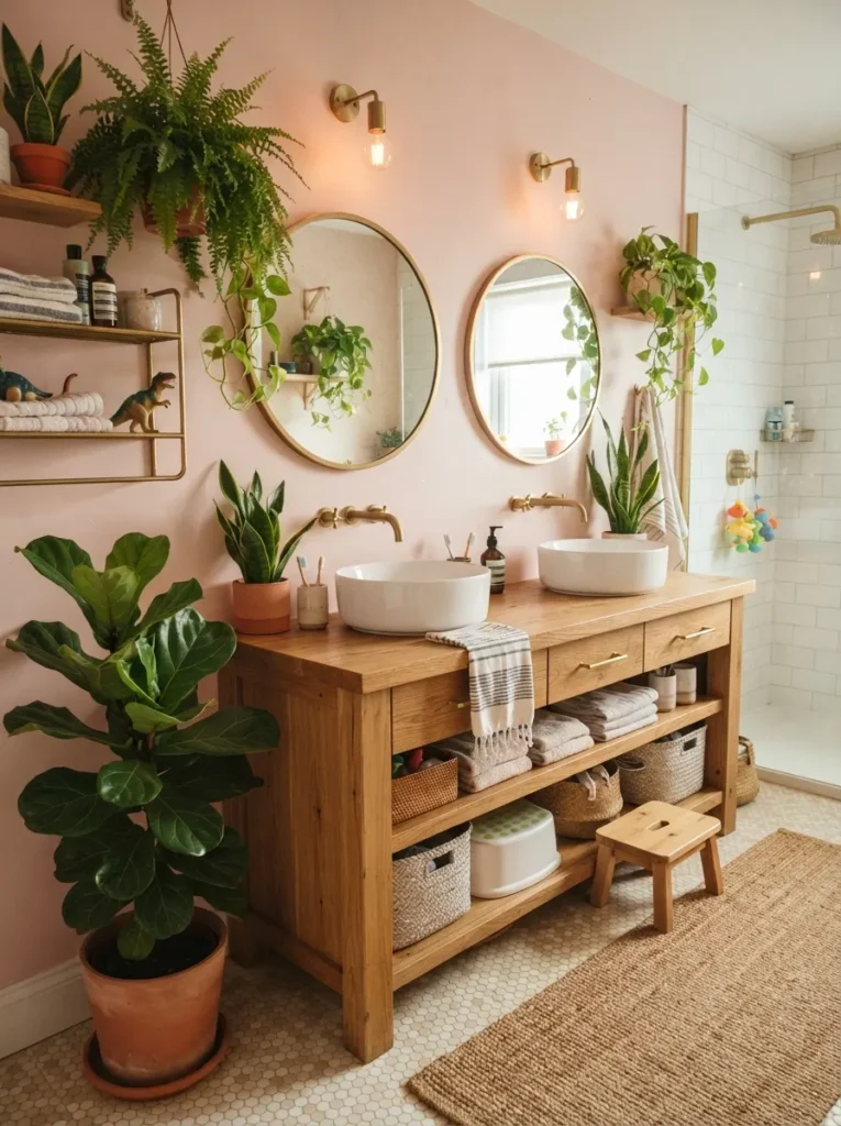 ![Richly textured deep pink walls in a moody powder room, dramatic high-end backdrop, warm bathroom lighting, vertical Pinterest photography, warm deep-pink-moody styling.]