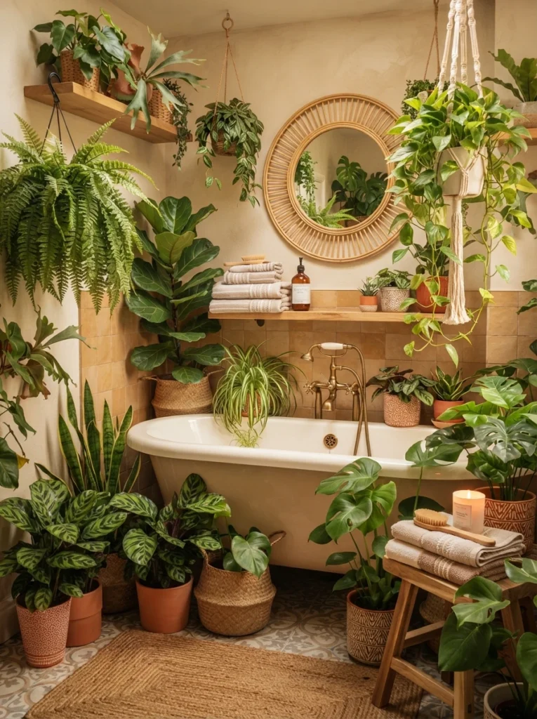 A mix of real and faux plants in a boho bathroom, creating a lush layered look, warm bathroom lighting, vertical Pinterest photography, warm mixed-plant styling.