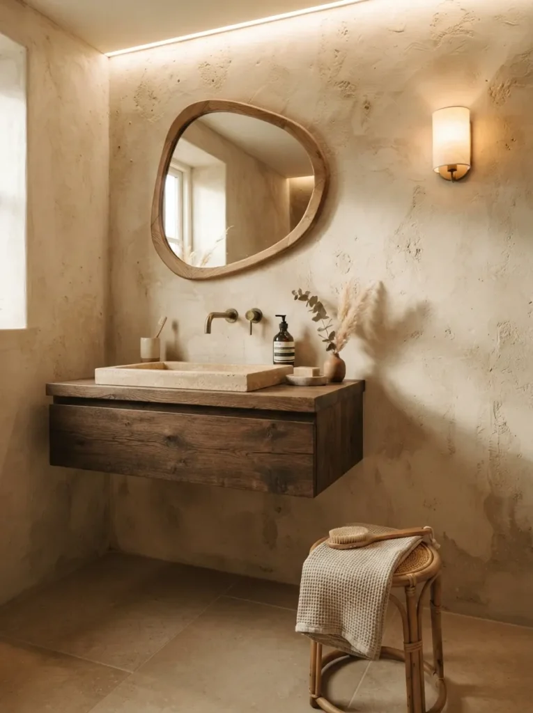 Wabi-sabi textured plaster walls in a Japandi bathroom, natural irregular texture, warm bathroom lighting, vertical Pinterest photography, warm plaster-wall styling.