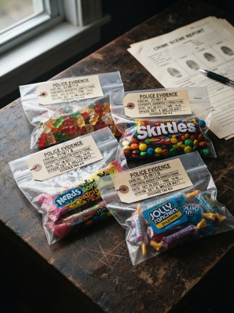 Standard clear plastic bags filled with candy, securely stapled at the top with a realistic manila-colored 'Police Evidence' printed tag, edgy true crime aesthetic, vertical Pinterest photography, clever evidence bag styling.