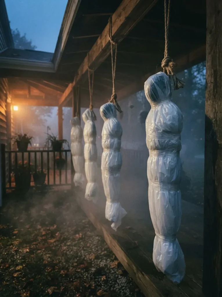 ![White plastic body-bag figures hanging from porch beams with rope, dim evening light and fog effect, vertical Pinterest photography, hanging-body-bag styling.]