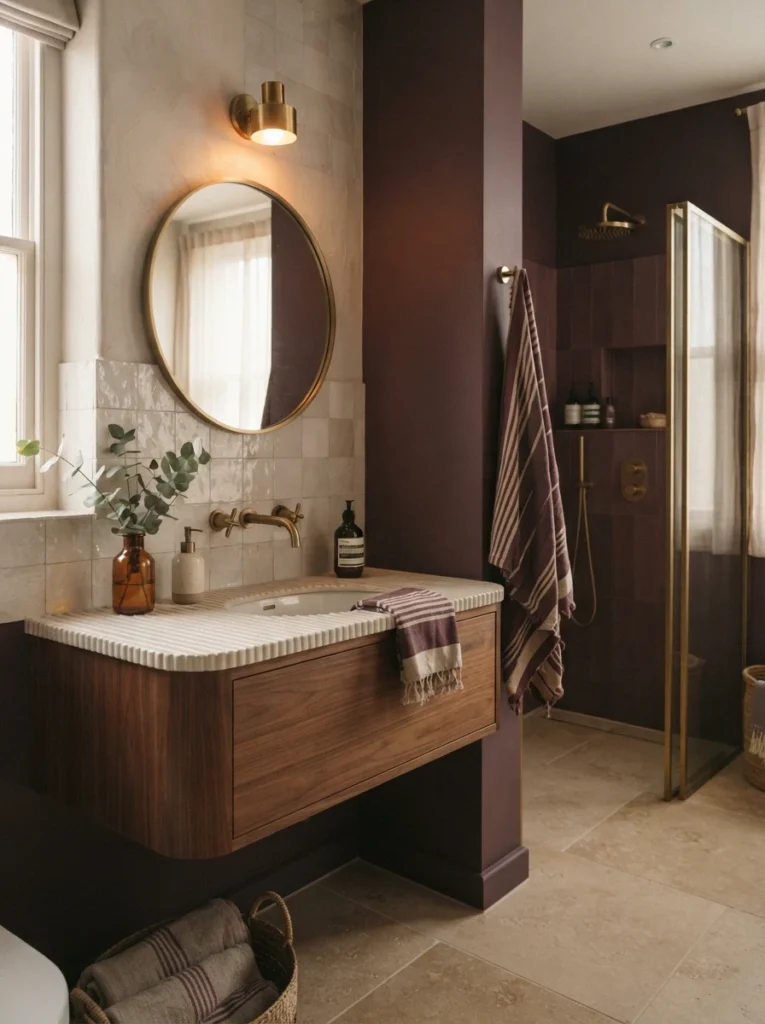 A bathroom pairing rich plum tones with softer neutral surfaces, deep warmth balanced with calm, warm bathroom lighting, vertical Pinterest photography, warm plum-neutral styling.