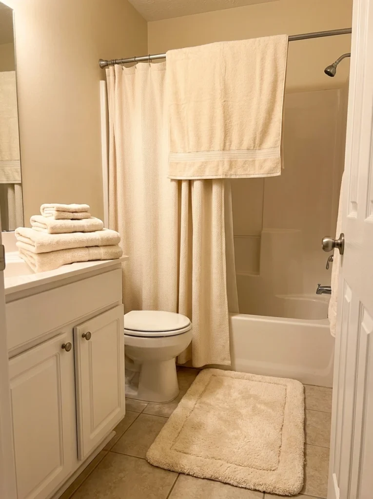 Plush matching towels and a bath mat in a small rental bathroom, elevating the overall feel, warm bathroom lighting, vertical Pinterest photography, warm textile-upgrade styling.