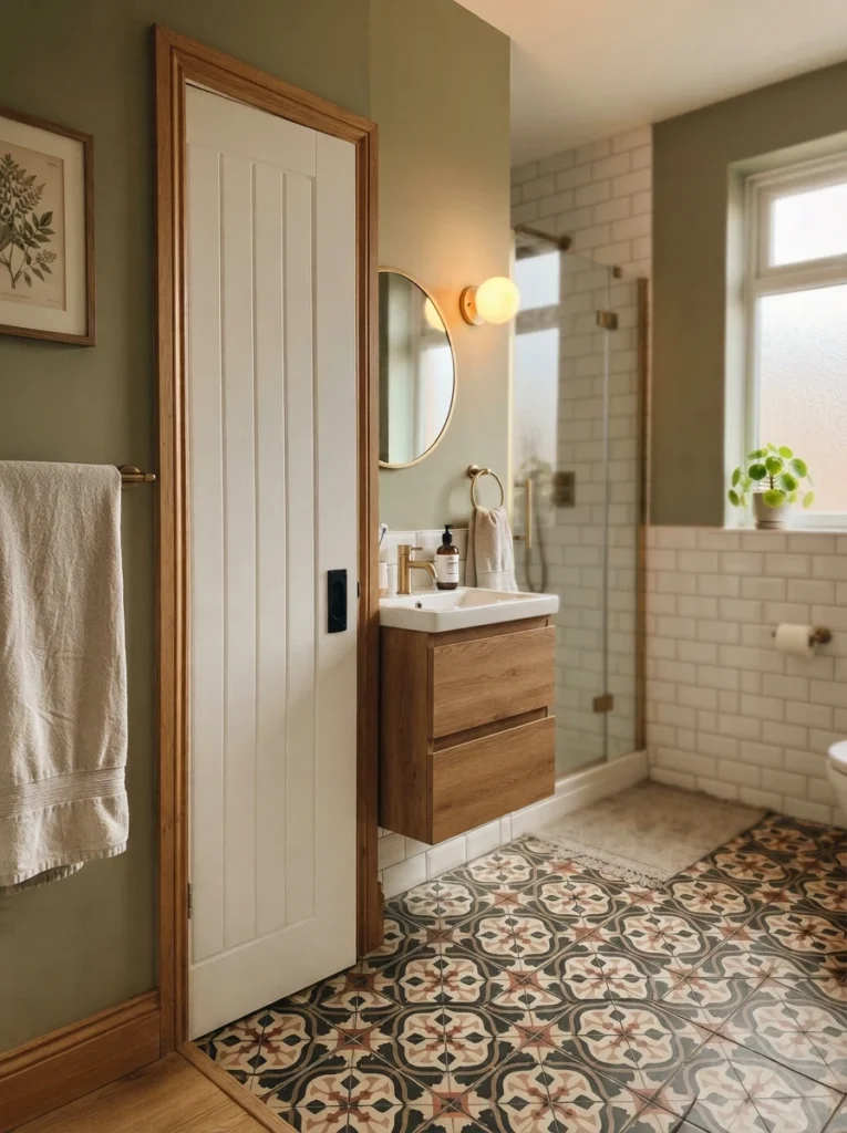 A pocket door installed in a small bathroom, floor space reclaimed from the door's swing radius, warm bathroom lighting, vertical Pinterest photography, warm pocket-door styling.