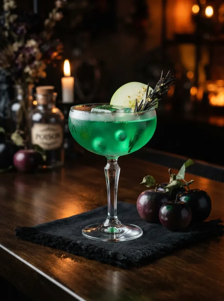 An elegant poison apple Halloween cocktail served in a chilled coupe glass, vivid emerald-green cocktail with a glossy surface and clear ice, thin green apple slice and dark rosemary garnish, black cocktail napkin and small dark apples on a sophisticated Halloween bar table, dramatic moody lighting with warm orange highlights, upscale spooky atmosphere, realistic cocktail photography, vertical Pinterest composition, no text.