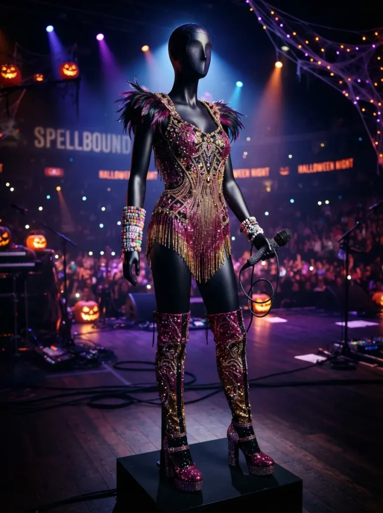 ![Taylor Swift inspired Eras Halloween costume, young woman wearing a glamorous stage-inspired outfit with sequins, boots, friendship bracelets and handheld microphone, colorful concert-inspired background with subtle Halloween decorations, dramatic stage lighting, realistic fashion photography, vertical Pinterest composition, no text.]