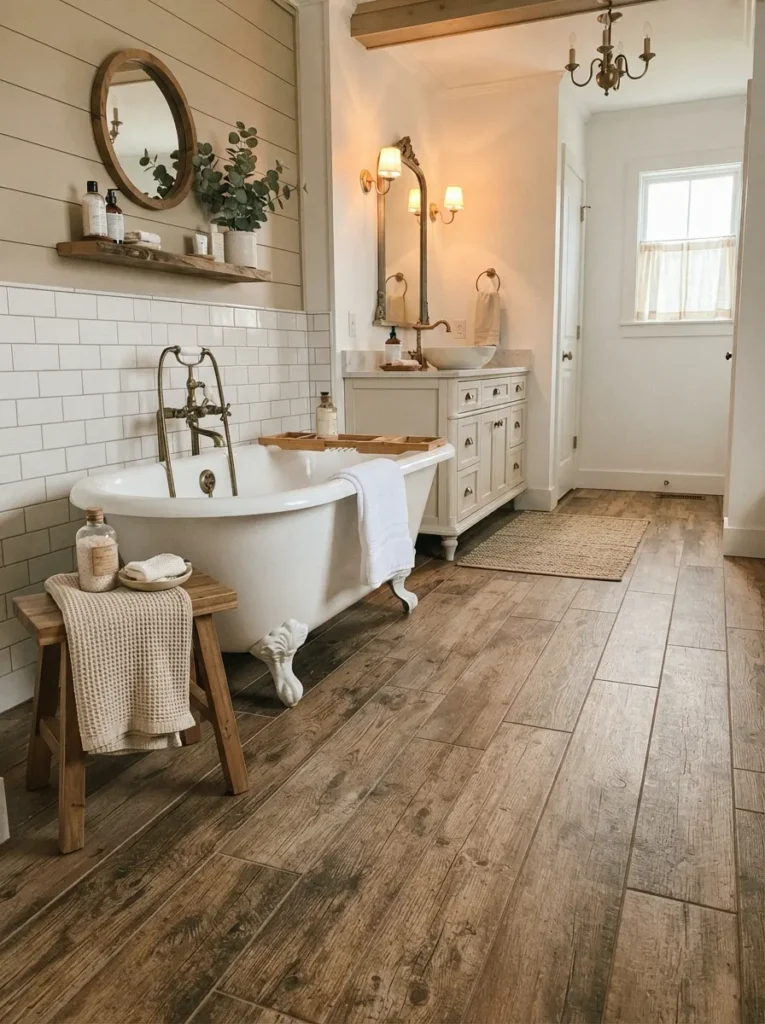 ![Wood-look porcelain tile flooring in a farmhouse bathroom, mimicking reclaimed wood with real durability, warm bathroom lighting, vertical Pinterest photography, warm wood-look-tile styling.]