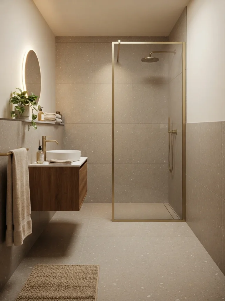 Oversized porcelain tile installed on a small bathroom wall and floor, fewer grout lines and reduced installation cost, warm bathroom lighting, vertical Pinterest photography, warm oversized-tile styling.