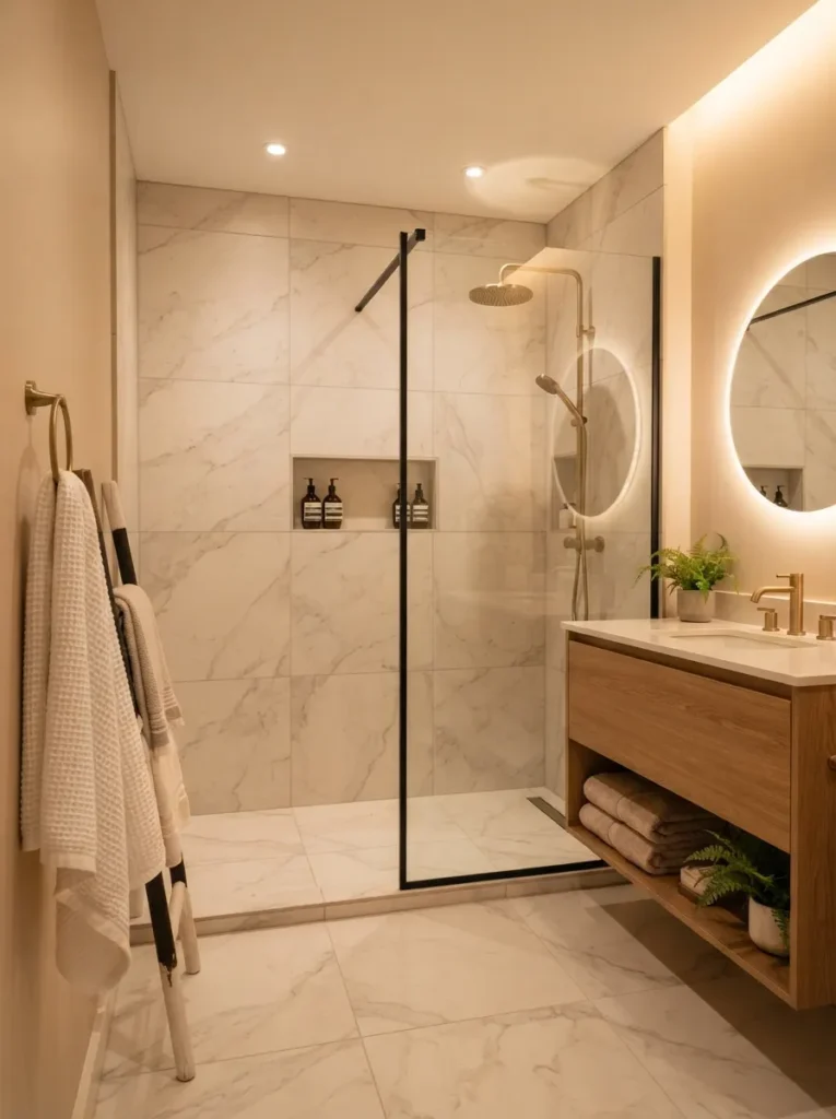 ![Marble-look porcelain tile installed in a bathroom, mimicking real marble at a fraction of the cost, warm bathroom lighting, vertical Pinterest photography, warm marble-look-tile styling.]
