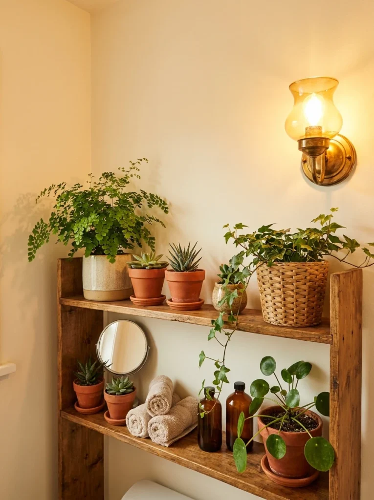 Small potted plants on a rental bathroom shelf, adding life and color to the space, warm bathroom lighting, vertical Pinterest photography, warm plant-accent styling.