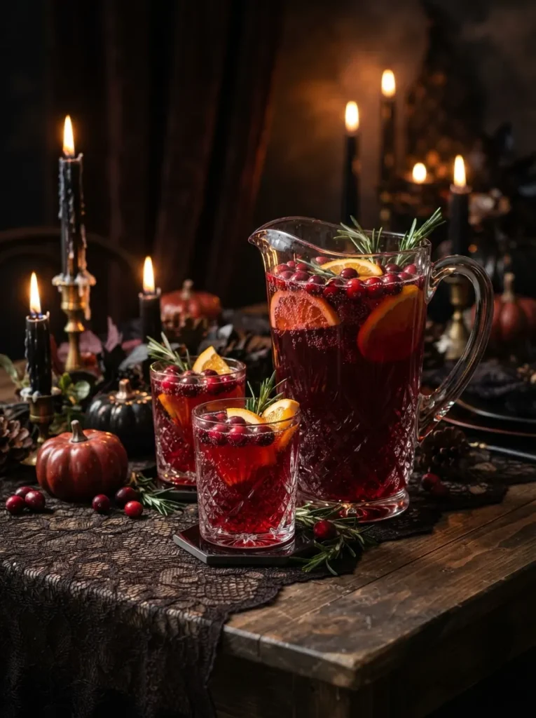 ![A dramatic cranberry vampire punch served in a large glass pitcher and crystal-style tumblers, deep blood-red cranberry drink with sparkling bubbles, fresh cranberries, orange slices and rosemary sprigs, dark Halloween table with black candles and small red pumpkins, moody warm lighting, sophisticated vampire-inspired atmosphere, realistic beverage photography, vertical Pinterest composition, no text.]