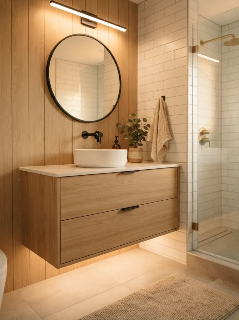 ![A prefabricated floating vanity in a bathroom, polished modern look at a fraction of custom cabinetry cost, warm bathroom lighting, vertical Pinterest photography, warm prefab-vanity styling.]