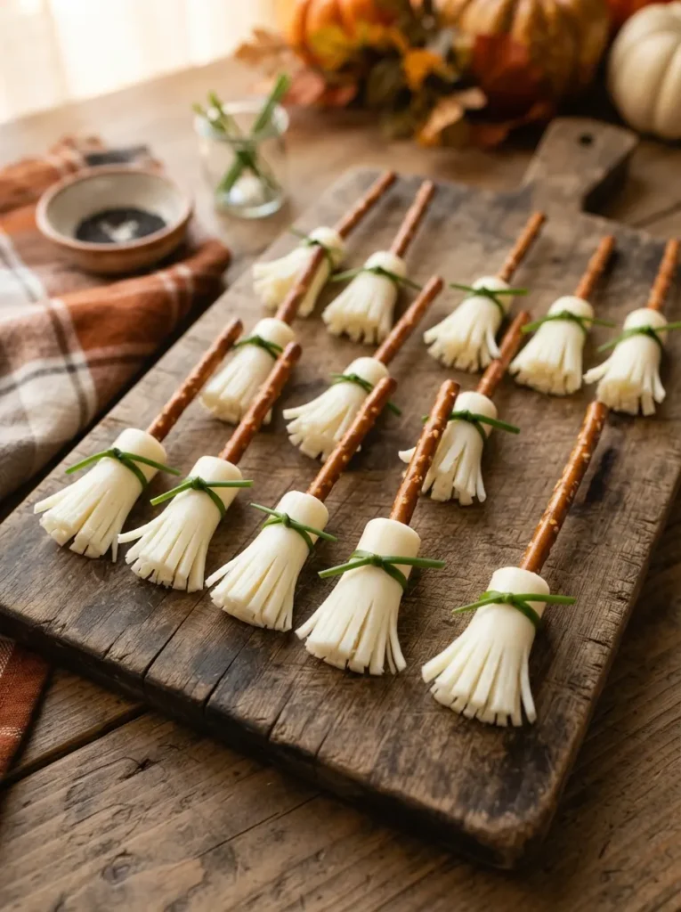![Miniature witch broomsticks made from pretzel sticks inserted into fringed string cheese, tied with fresh chive ribbons, resting on a wooden board, vertical Pinterest photography, clever snack styling.]