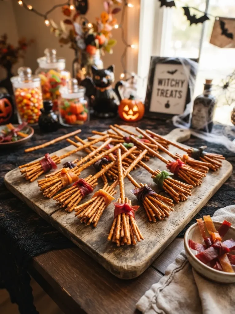 ![Cute Halloween pretzel broomsticks made with pretzel sticks, bundled pretzel bristles, and colorful fruit leather ties, arranged on a spooky dessert table, vertical Pinterest photography.]