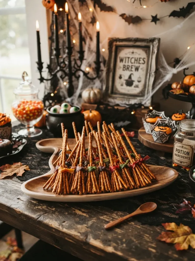 ![Cute Halloween pretzel broomsticks made with pretzel sticks, bundled pretzel bristles, and colorful fruit leather ties, arranged on a spooky dessert table, vertical Pinterest photography.]