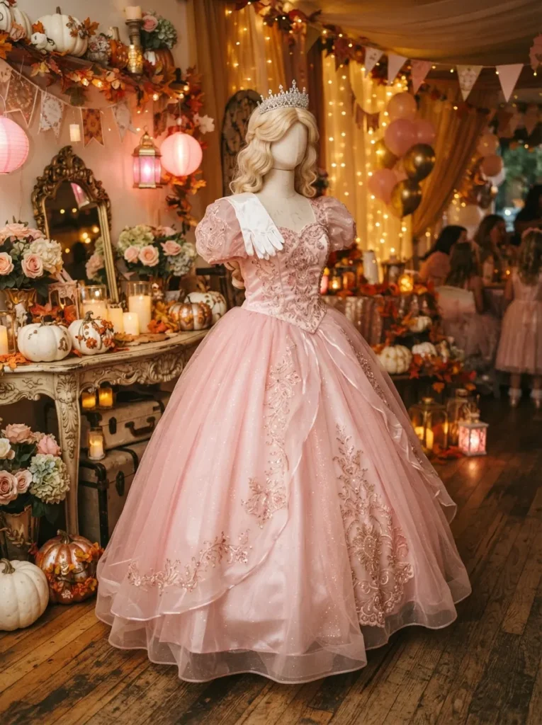 ![Princess Peach inspired Halloween costume, woman wearing elegant pink princess dress with white gloves, blonde hair and sparkling crown, whimsical video game inspired party setting with pumpkins, warm colorful lighting, realistic photography, vertical Pinterest composition, no text.]