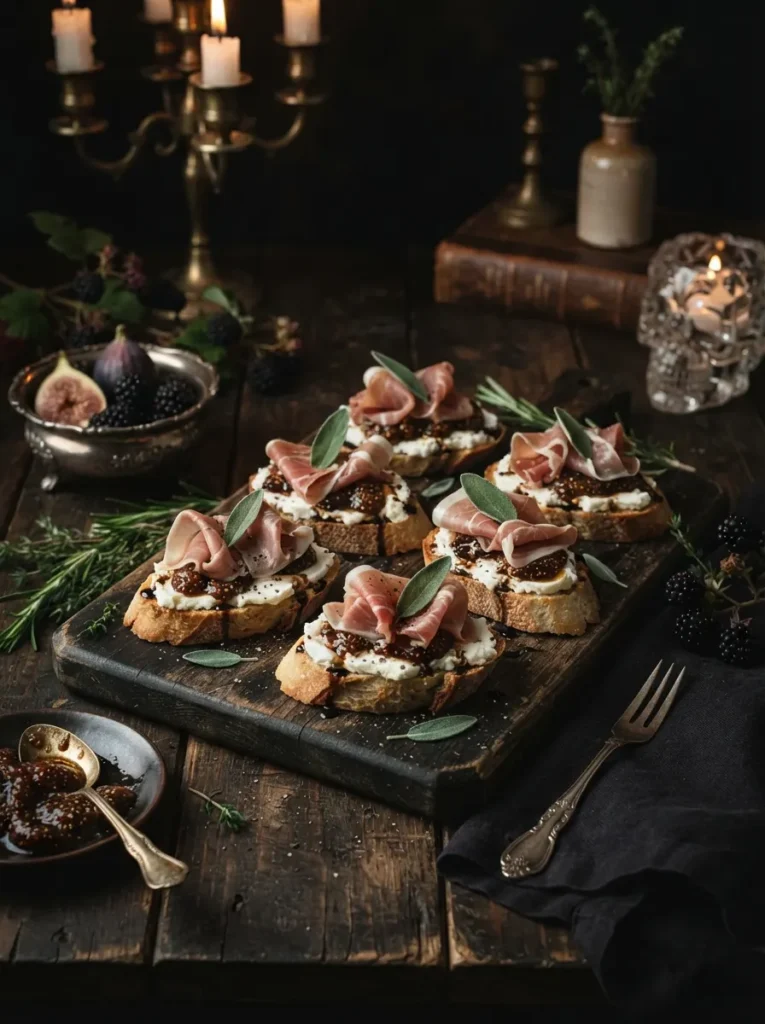 ![Crispy crostini topped with goat cheese, dark fig jam, and folded ribbons of prosciutto, plated on a dark wood charcuterie board, moody lighting, vertical Pinterest photography, upscale macabre appetizer styling.]