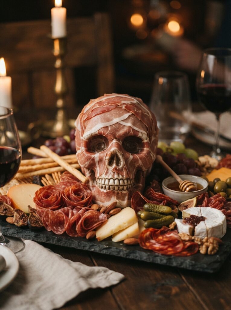 ![A miniature ceramic skull wrapped completely in overlapping layers of thin prosciutto, acting as a macabre centerpiece on a dark charcuterie board, ambient evening lighting, vertical Pinterest photography, anatomical meat skull styling.]