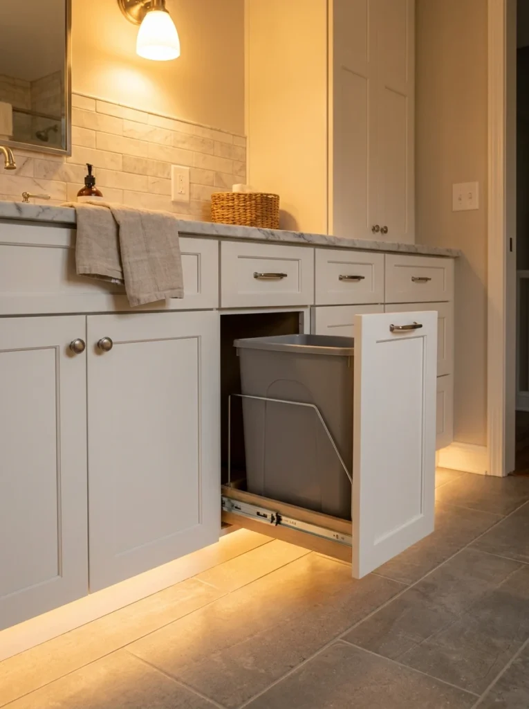 A hidden pullout trash bin built into bathroom vanity cabinetry, extended for use, warm bathroom lighting, vertical Pinterest photography, warm hidden-bin styling.