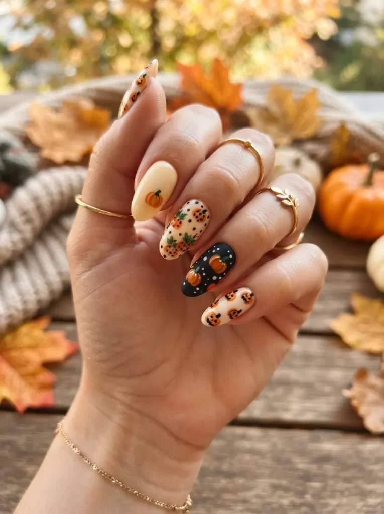 ![Dramatic Halloween nails with deep red blood-drip tips over a pale nude base, glossy finish, modern gothic manicure, vertical Pinterest beauty photography.]