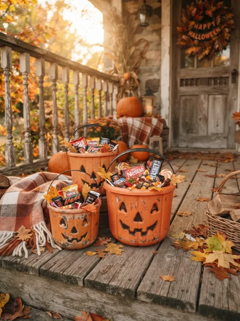 ![Distressed painted plastic pumpkin pails filled with candy and autumn leaves, rustic porch setting, soft golden-hour light, vertical Pinterest photography, vintage-pumpkin-pail styling.]