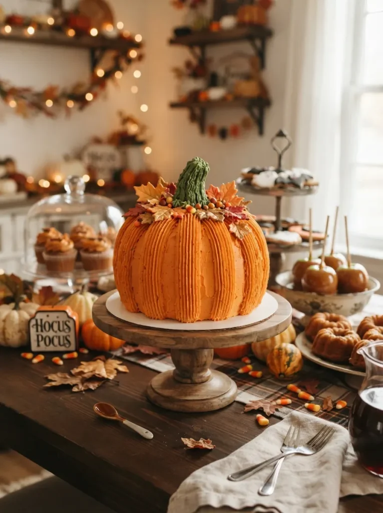 ![A pumpkin-shaped Halloween cake covered in orange buttercream with piped ridges, a green frosting stem, and autumn leaves on a dessert table, vertical Pinterest photography.]