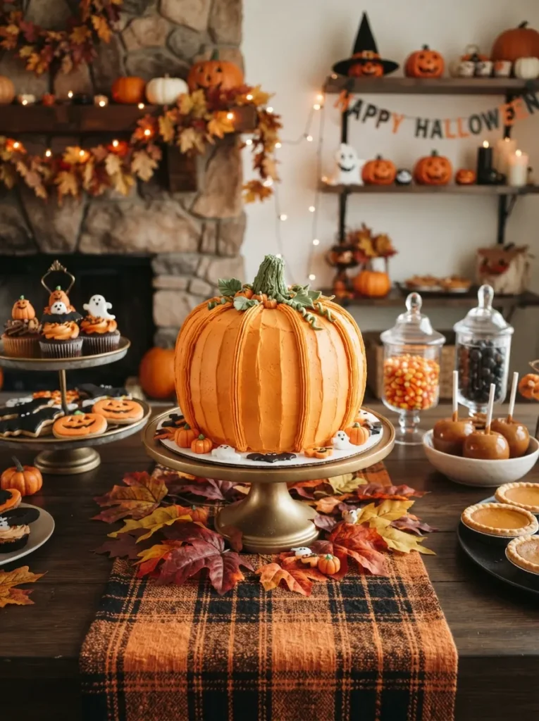![A pumpkin-shaped Halloween cake covered in orange buttercream with piped ridges, a green frosting stem, and autumn leaves on a dessert table, vertical Pinterest photography.]