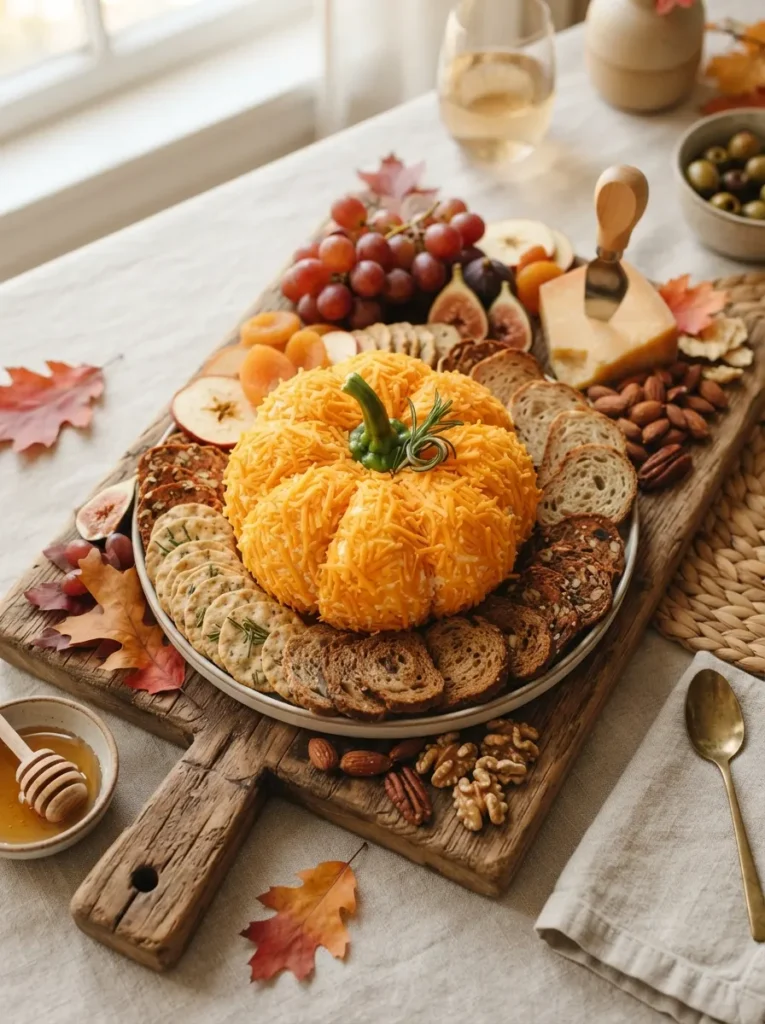 ![A savory cheese ball shaped like a pumpkin, covered in fine orange cheddar shreds, topped with a green bell pepper stem, surrounded by artisanal crackers, soft overhead light, vertical Pinterest photography, harvest cheese board styling.]