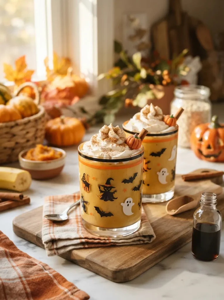 ![A creamy pumpkin smoothie served in two clear Halloween glasses, smooth golden-orange drink topped with fluffy whipped cream, cinnamon dusting and tiny pumpkin-shaped garnish, banana and pumpkin ingredients arranged nearby, cozy kitchen counter with autumn leaves, miniature pumpkins and warm morning sunlight, appetizing realistic food photography, vertical Pinterest composition, no text.]