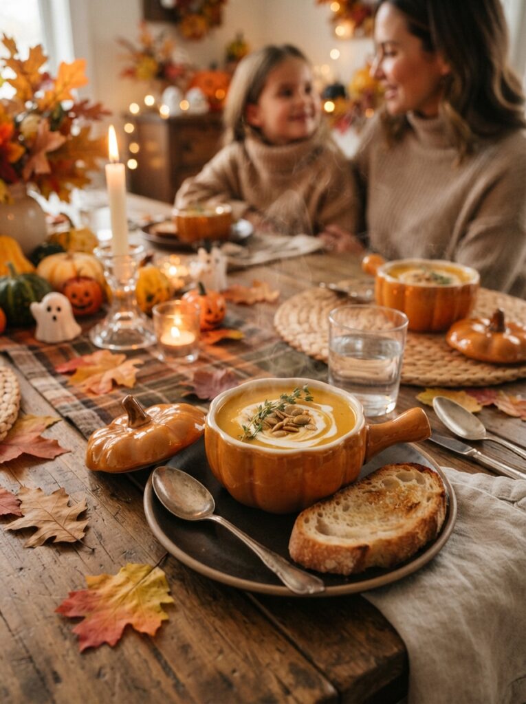 ![Individual bowls of creamy baked macaroni and cheese served as a Halloween family dinner, golden melted cheddar topping with small black olive spiders and orange pumpkin-shaped cheese pieces, crispy breadcrumb topping, rustic ceramic bowls on a dark wooden table, miniature pumpkins and warm autumn candlelight, rich appetizing realistic food photography, vertical Pinterest composition, no text.]