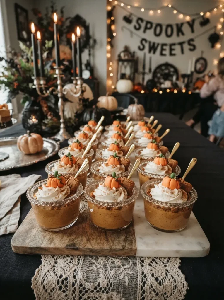 ![Individual pumpkin spice mousse cups topped with whipped cream, cinnamon, crushed cookies, and tiny fondant pumpkins, elegant Halloween dinner party dessert table, vertical Pinterest photography.]