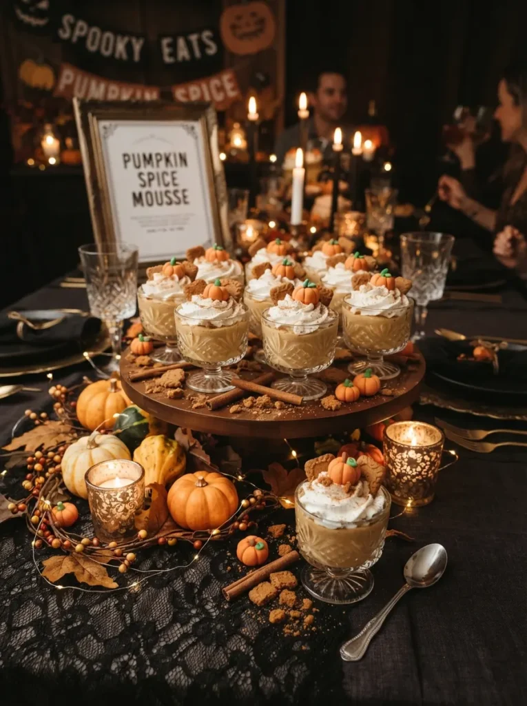 ![Individual pumpkin spice mousse cups topped with whipped cream, cinnamon, crushed cookies, and tiny fondant pumpkins, elegant Halloween dinner party dessert table, vertical Pinterest photography.]