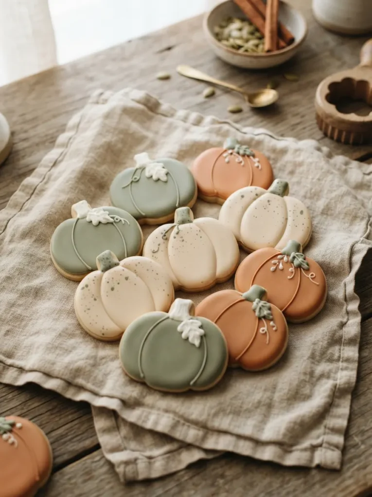 ![Pumpkin-shaped sugar cookies iced smoothly in sophisticated muted tones of sage green, pale cream, and dusty orange, arranged on a rustic linen napkin, soft autumn light, vertical Pinterest photography, heirloom harvest cookie styling.]