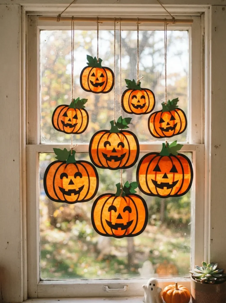 Colorful Halloween pumpkin suncatchers made with black paper outlines and orange tissue paper, hanging in a sunny window with green stems and jack-o’-lantern faces, vertical Pinterest photography.