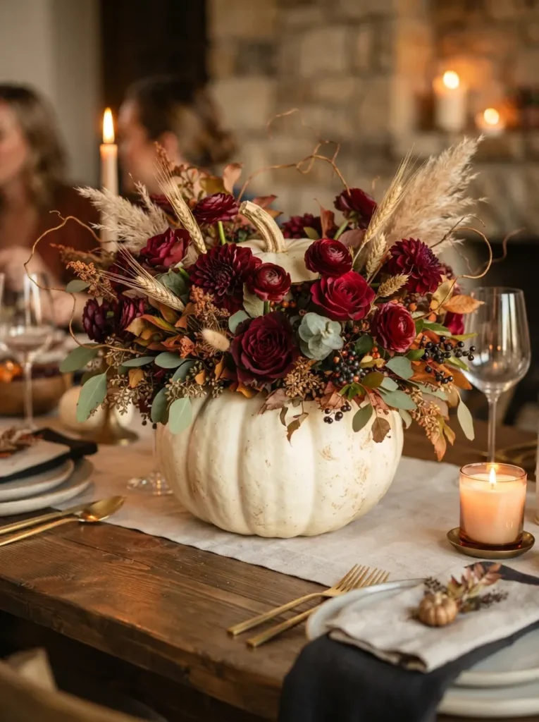 ![A hollowed white pumpkin used as a flower vase, filled with burgundy flowers, eucalyptus, dried grasses, and branches, elegant Halloween dinner centerpiece, warm autumn lighting, vertical Pinterest photography.]