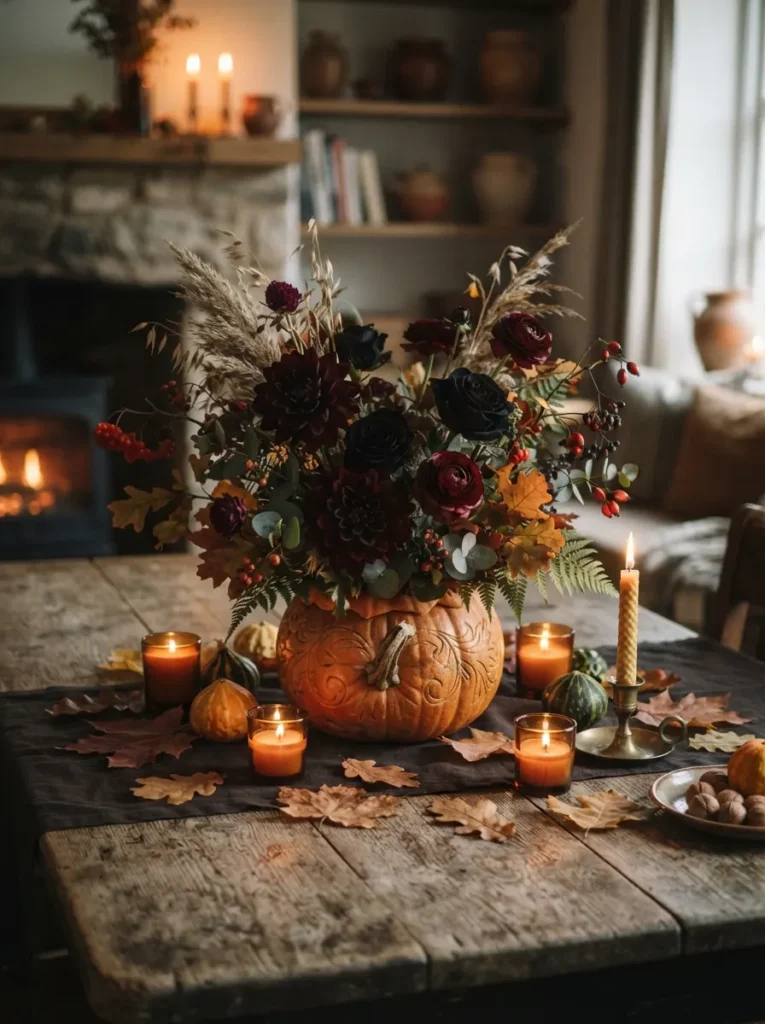 ![Several black pointed witch hats mysteriously floating from the ceiling above a Halloween dining table, suspended at different heights with nearly invisible clear fishing line, a few hats softly glowing from hidden warm LED lights, black candles, pumpkins and autumn foliage on the table, elegant spooky atmosphere, realistic interior photography, vertical Pinterest composition, no text.]