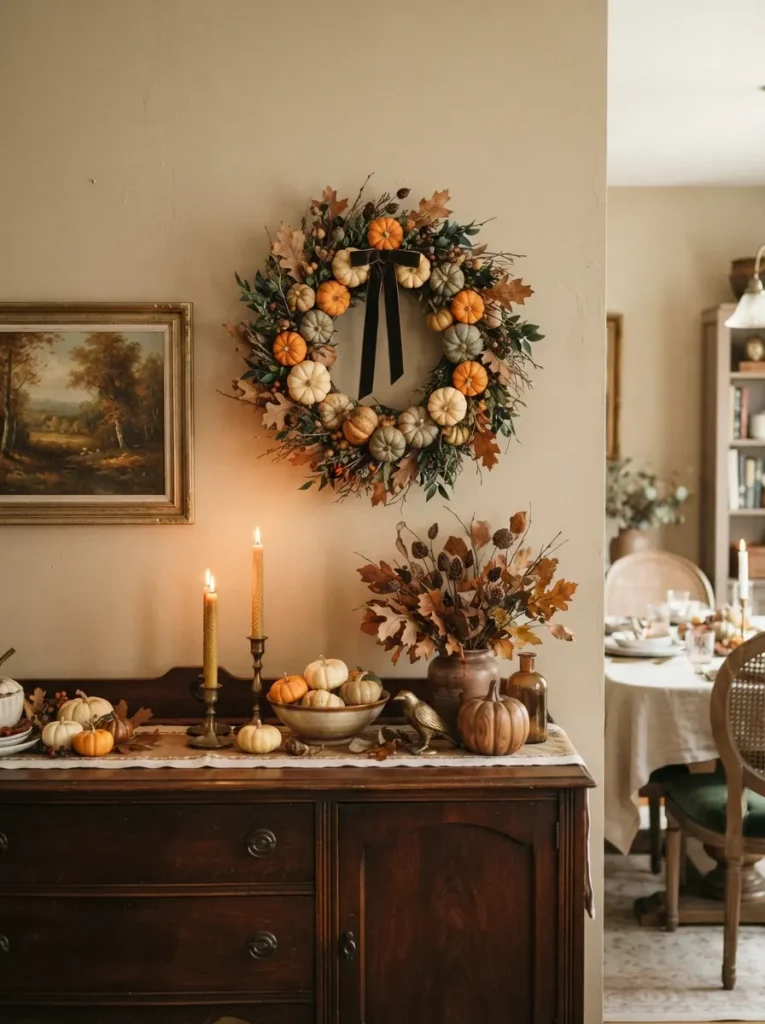 ![A charming mini pumpkin Halloween wreath hanging above a dining room sideboard, wreath made from tiny orange, cream and muted green pumpkins mixed with dried autumn leaves, twigs and dark green foliage, vintage framed artwork nearby, candles and seasonal table decor below, warm golden lighting, sophisticated cozy fall atmosphere, realistic photography, vertical Pinterest composition, no text.]