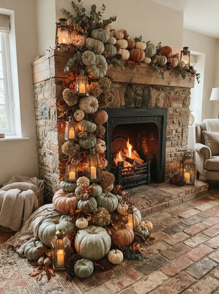 ![A seamless trail of muted heirloom pumpkins and vintage lanterns cascading from the top of the mantel down the side of the fireplace to pool on the brick hearth below, warm cozy lighting, vertical Pinterest photography, cascading hearth styling.]