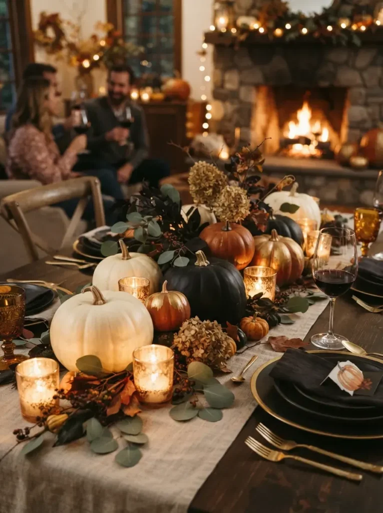 ![A black lace table runner layered over a neutral linen tablecloth with candles, miniature pumpkins, vintage glassware, and metallic flatware, elegant gothic Halloween dinner table, vertical Pinterest photography.]