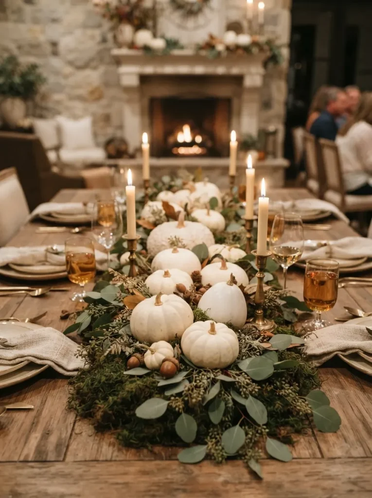 ![White pumpkins arranged on preserved moss with eucalyptus leaves and small brass candleholders, refined neutral Halloween dinner table centerpiece, warm autumn lighting, vertical Pinterest photography.]