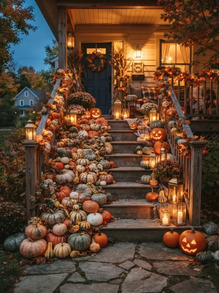 ![A front porch staircase completely covered in a dense, cascading display of orange, white, and green heirloom pumpkins, warm ambient lantern light illuminating the steps, autumn twilight, vertical Pinterest photography, cinematic fall harvest styling.]