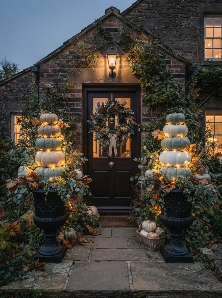 ![Two large black garden urns flanking a door, filled with stacked heirloom pumpkins in white and muted green, intertwined with warm fairy lights, soft twilight, vertical Pinterest photography, elegant harvest topiary styling.]