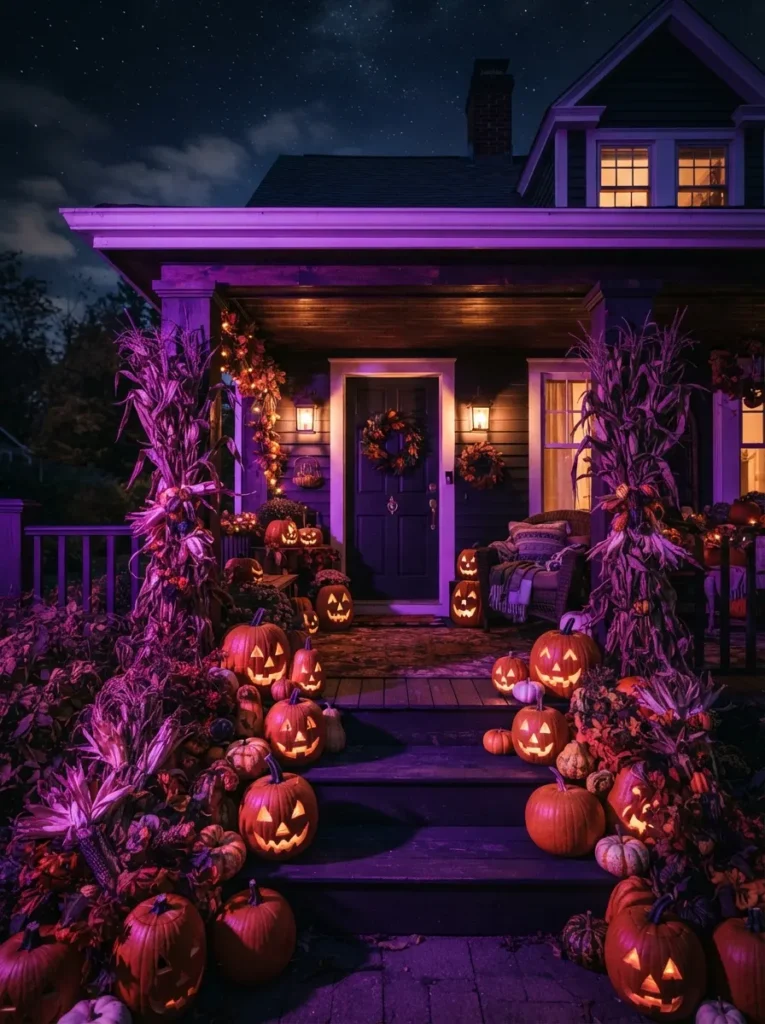 ![A front porch bathed in a deep, saturated purple glow from smart LED porch lights, casting dramatic shadows over an array of pumpkins and corn stalks, dark night sky, vertical Pinterest photography, theatrical lighting styling.]