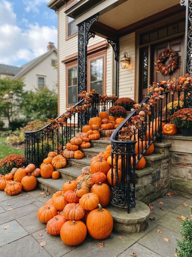 ![A heavy black wrought-iron porch railing with a massive, cascading pile of bright orange pumpkins pooling at its base, classic traditional exterior, crisp autumn daylight, vertical Pinterest photography, classic wrought-iron porch styling.]