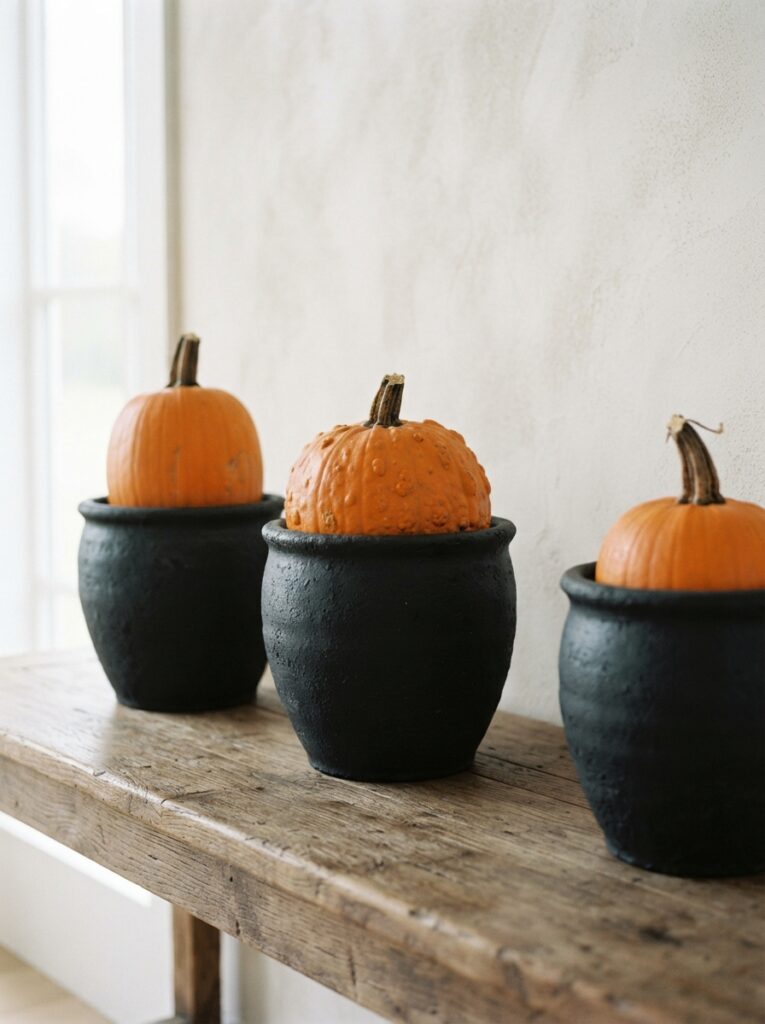 ![Bright natural orange pumpkins resting inside heavy matte black ceramic urns on a wooden table, stark textural contrast, crisp daylight, vertical Pinterest photography, minimalist classic Halloween styling.]