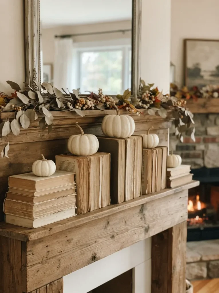 ![Stacks of vintage hardcover books turned backward with neutral aged pages facing outward, acting as pedestals for small white pumpkins on a mantel, soft room light, vertical Pinterest photography, neutral vintage book styling.]