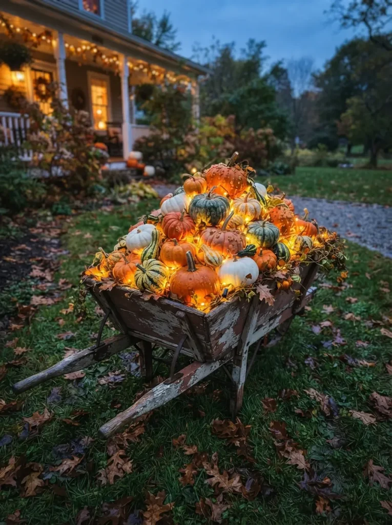![A weathered vintage wooden wheelbarrow on a lawn, spilling over with colorful pumpkins and gourds, illuminated from within by hidden warm spotlights, twilight hour, vertical Pinterest photography, glowing rustic harvest styling.]