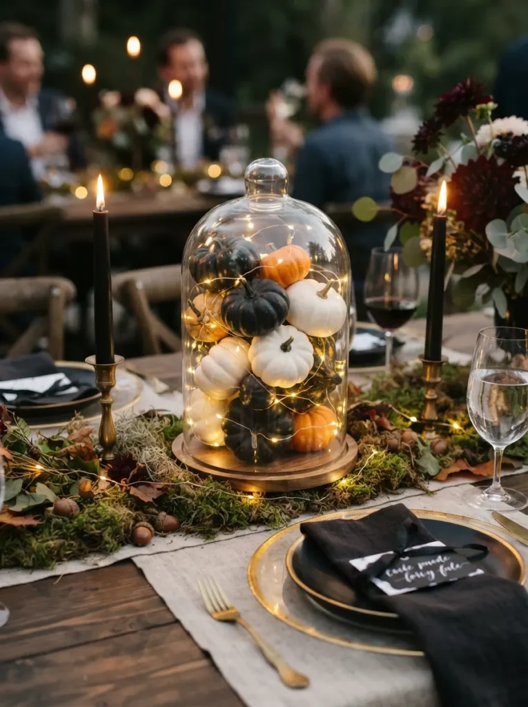 ![A glass cloche filled with miniature black, white, and orange pumpkins as a Halloween table centerpiece, surrounded by moss and warm micro lights, elegant dinner party styling, vertical Pinterest photography.]