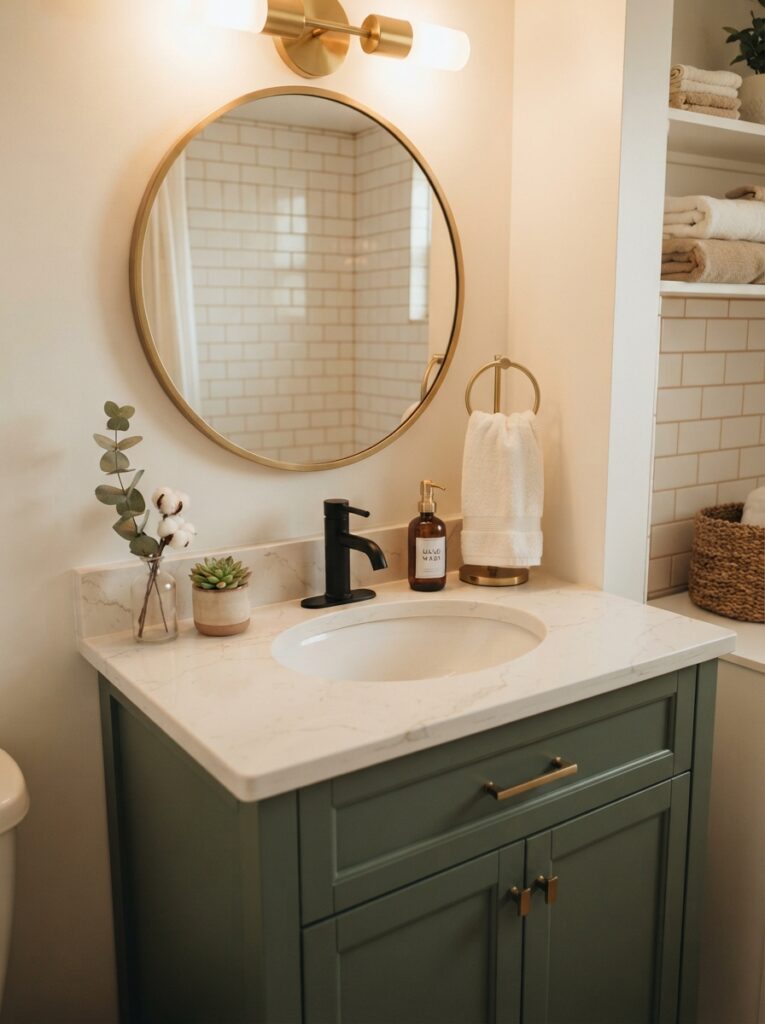 A quartz countertop installed on a small bathroom vanity, replacing dated yellowed laminate, warm bathroom lighting, vertical Pinterest photography, warm countertop-upgrade styling.